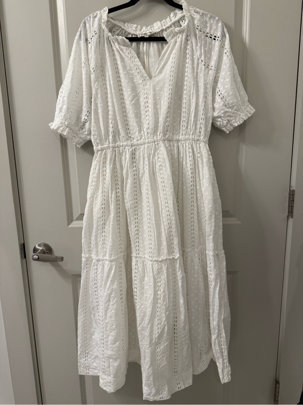 Mille Resort White Cotton Midi Dress S Boho Tiered Pockets Zoe Pearl Dot Eyelet